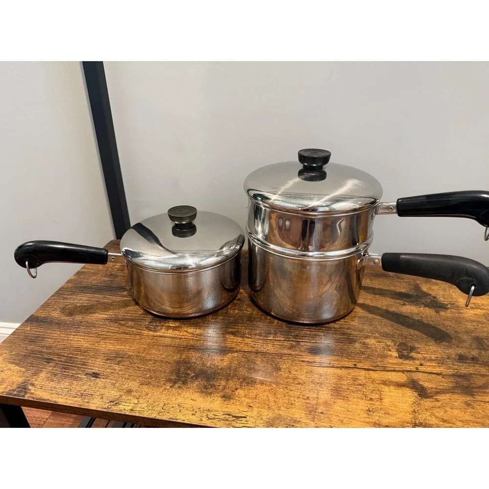 Revere Ware Copper Bottom 2Qt 3Qt Saucepan Set with Steamer Insert 5pc‎ USA